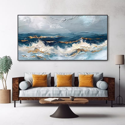 Golden Horizon Waves Abstract Ocean Painting with Metallic Accents