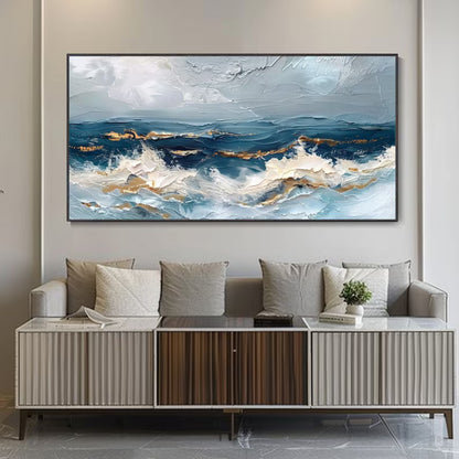 Golden Horizon Waves Abstract Ocean Painting with Metallic Accents