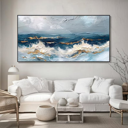 Golden Horizon Waves Abstract Ocean Painting with Metallic Accents