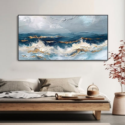 Golden Horizon Waves Abstract Ocean Painting with Metallic Accents