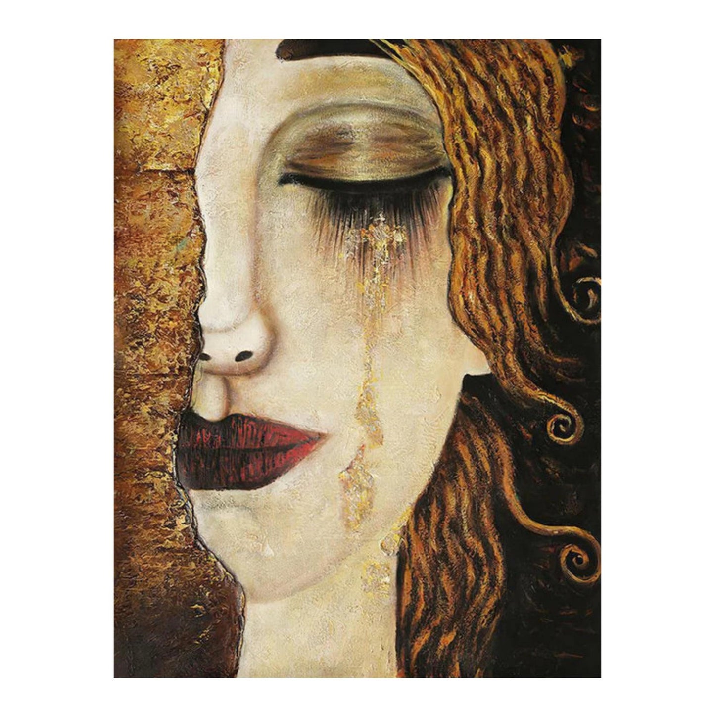 Hand-painted portrait of a woman with gold tears on a textured canvas — elegant figurative oil artwork