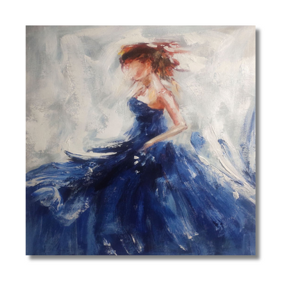 Abstract Woman in Blue Dress – Textured Figurative Canvas Painting with Impasto Brushwork
