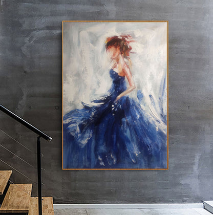 Abstract Woman in Blue Dress – Textured Figurative Canvas Painting with Impasto Brushwork