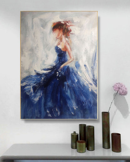 Abstract Woman in Blue Dress – Textured Figurative Canvas Painting with Impasto Brushwork