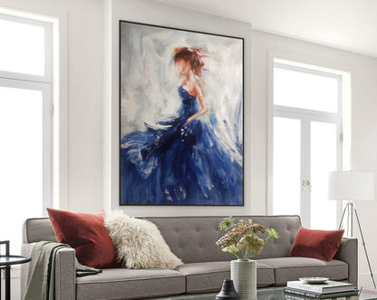 Abstract Woman in Blue Dress – Textured Figurative Canvas Painting with Impasto Brushwork