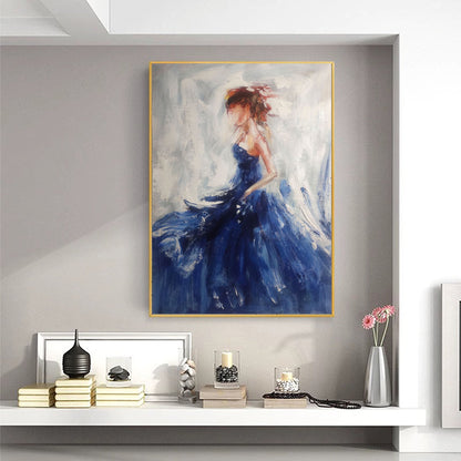 Abstract Woman in Blue Dress – Textured Figurative Canvas Painting with Impasto Brushwork