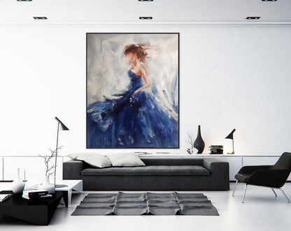 Abstract Woman in Blue Dress – Textured Figurative Canvas Painting with Impasto Brushwork