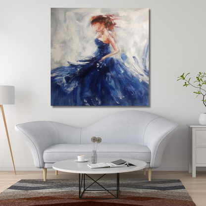 Abstract Woman in Blue Dress – Textured Figurative Canvas Painting with Impasto Brushwork