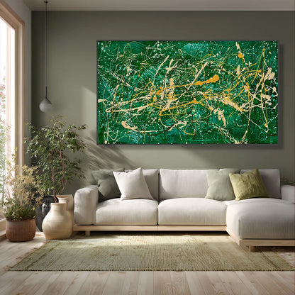 Large Pollock Inspired Green Abstract Painting | Hand Painted Wall Art