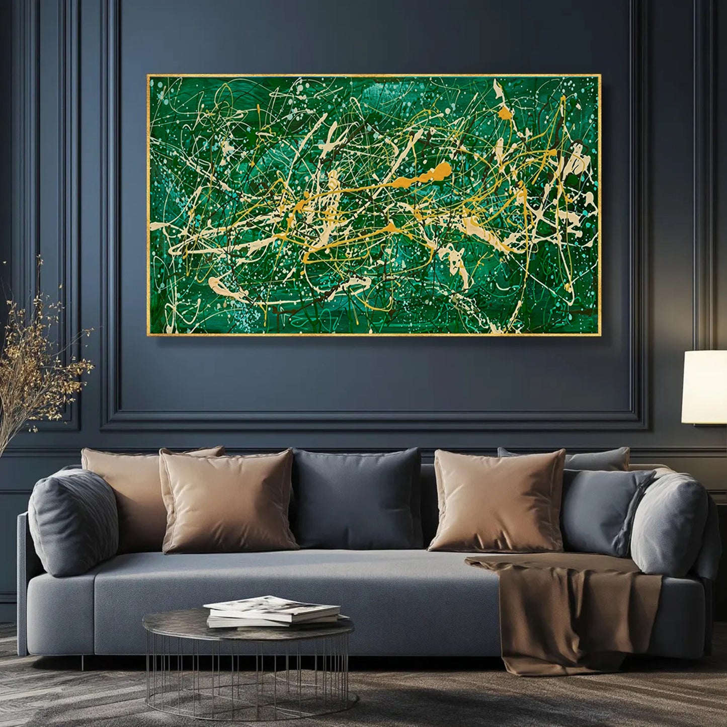 Large Pollock Inspired Green Abstract Painting | Hand Painted Wall Art