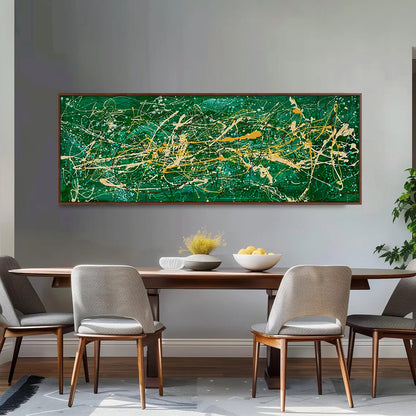 Large Pollock Inspired Green Abstract Painting | Hand Painted Wall Art