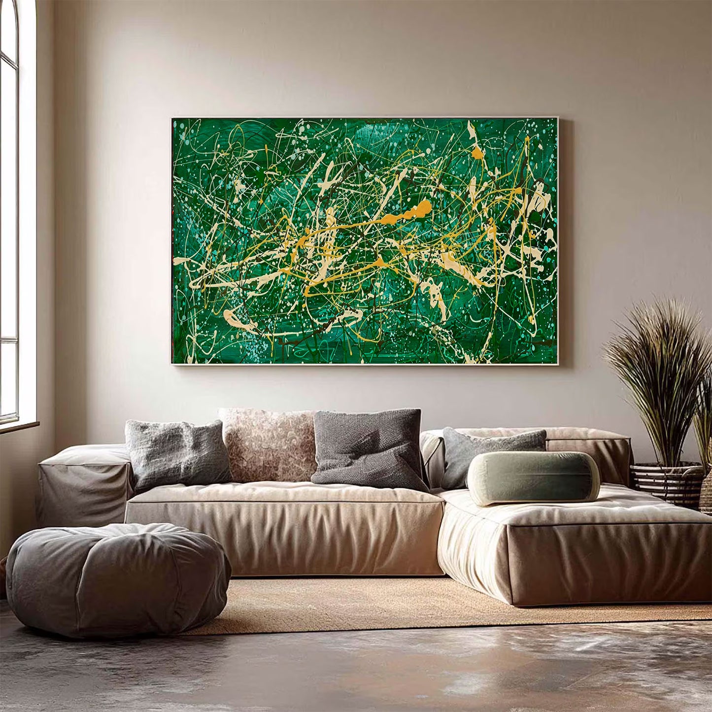 Large Pollock Inspired Green Abstract Painting | Hand Painted Wall Art