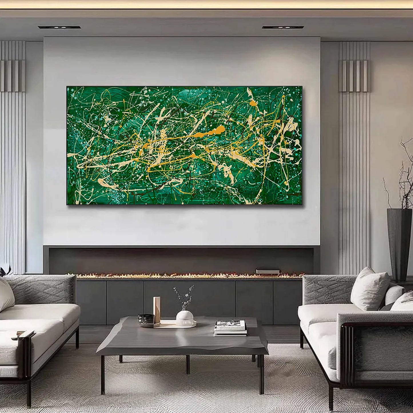 Large Pollock Inspired Green Abstract Painting | Hand Painted Wall Art