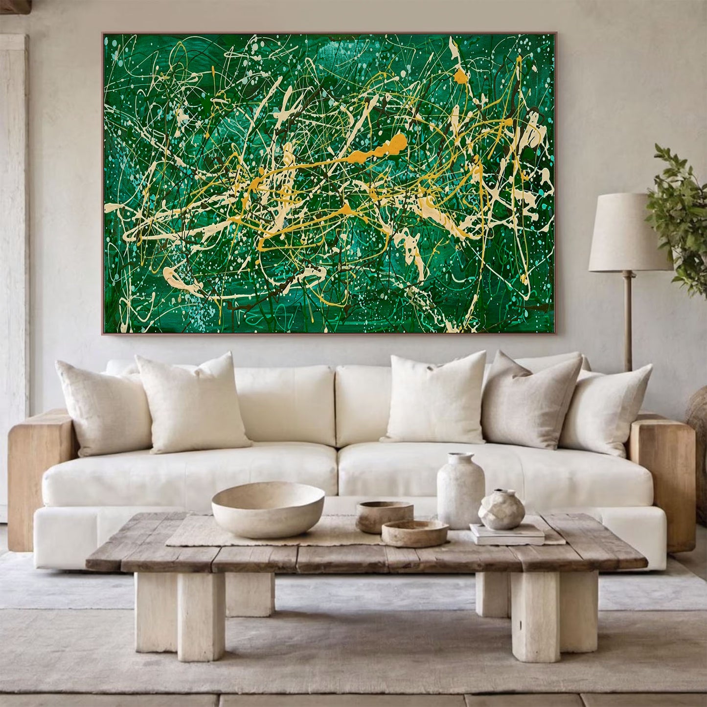 Large Pollock Inspired Green Abstract Painting | Hand Painted Wall Art