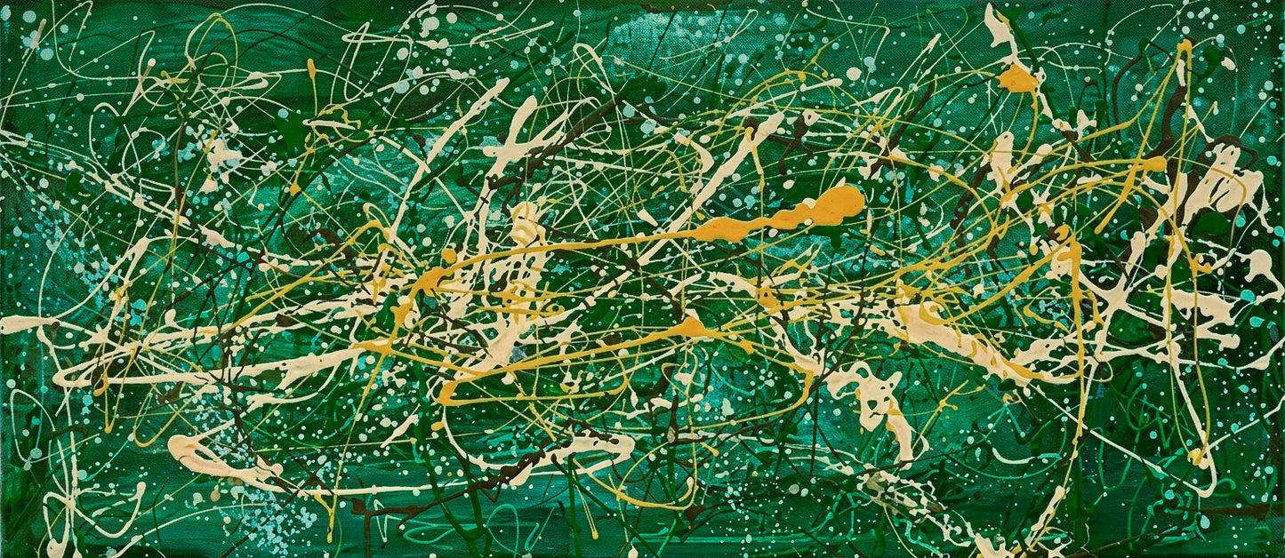 Large Pollock Inspired Green Abstract Painting | Hand Painted Wall Art
