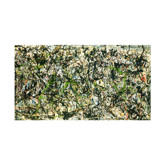 Hand-painted canvas showing green and black drips with scattered colour accents on a pale ground.