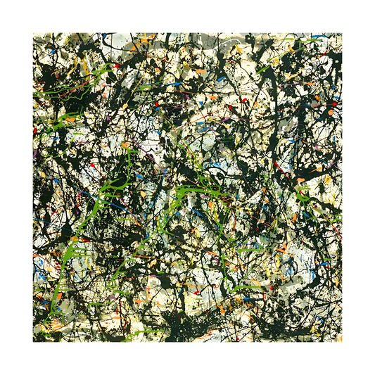 Square crop showing green and black drips with scattered colour accents on a pale ground.