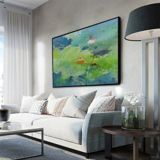 Room mockup showing loose green and blue pond-like patches with slender stems and small pink and orange blossoms.