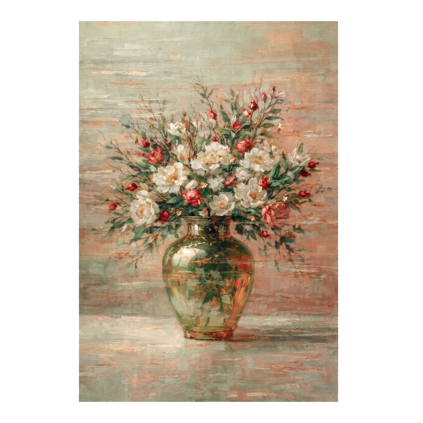 Green Glass Vase Floral Painting White & Red Luxury Wall Art
