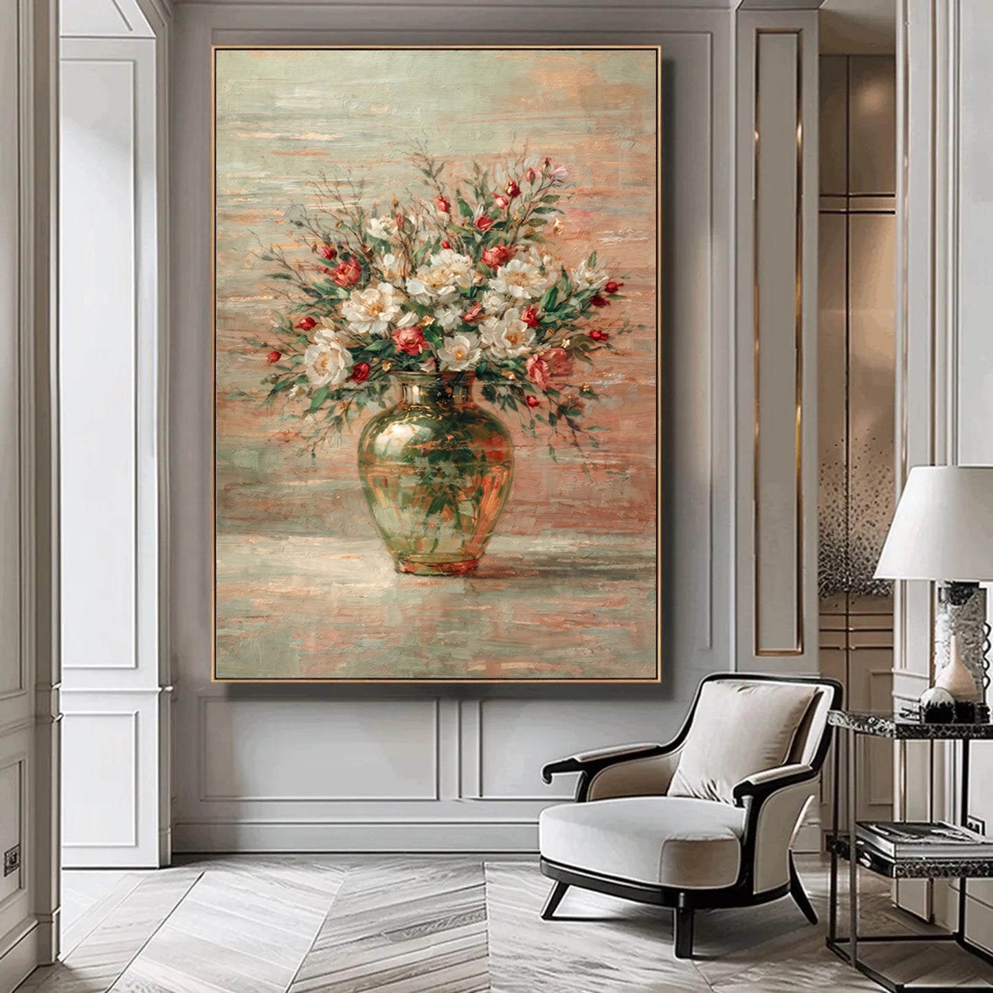 Green Glass Vase Floral Painting White & Red Luxury Wall Art