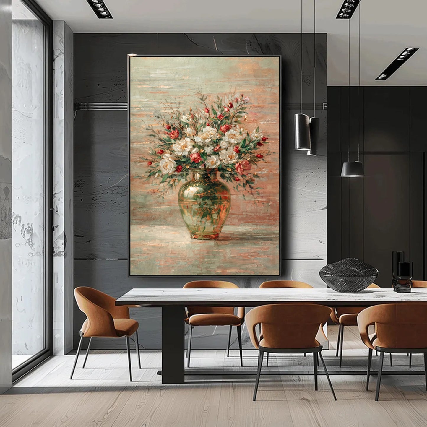 Green Glass Vase Floral Painting White & Red Luxury Wall Art