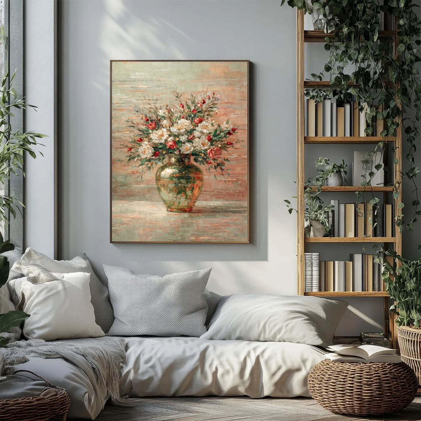 Green Glass Vase Floral Painting White & Red Luxury Wall Art