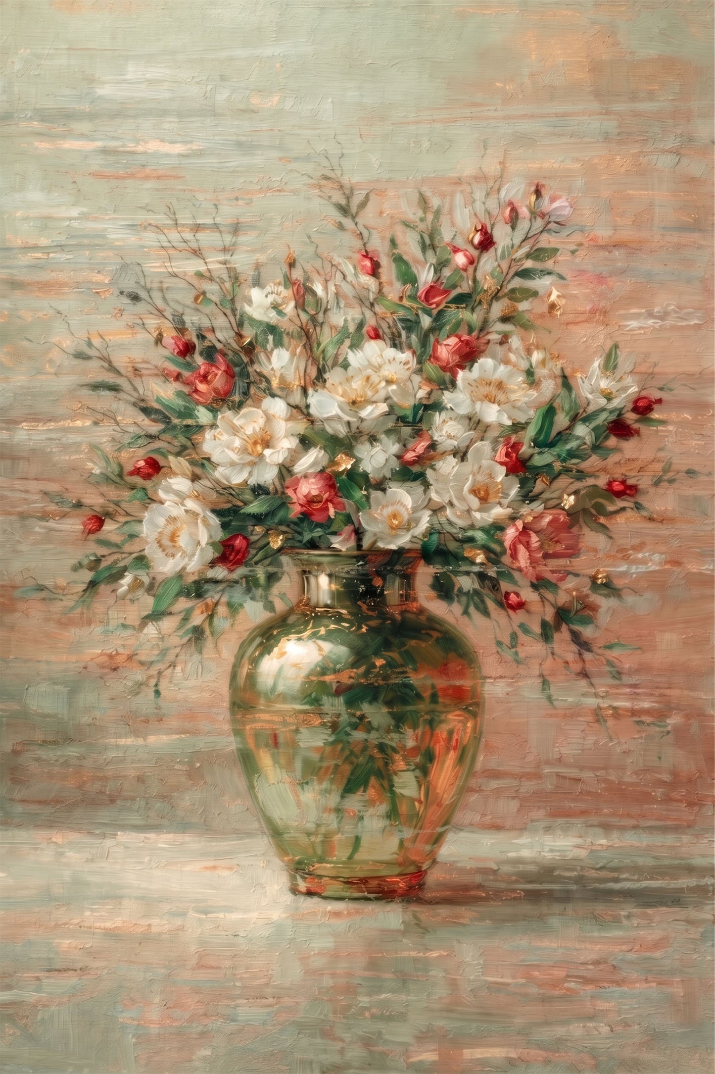 Green Glass Vase Floral Painting White & Red Luxury Wall Art