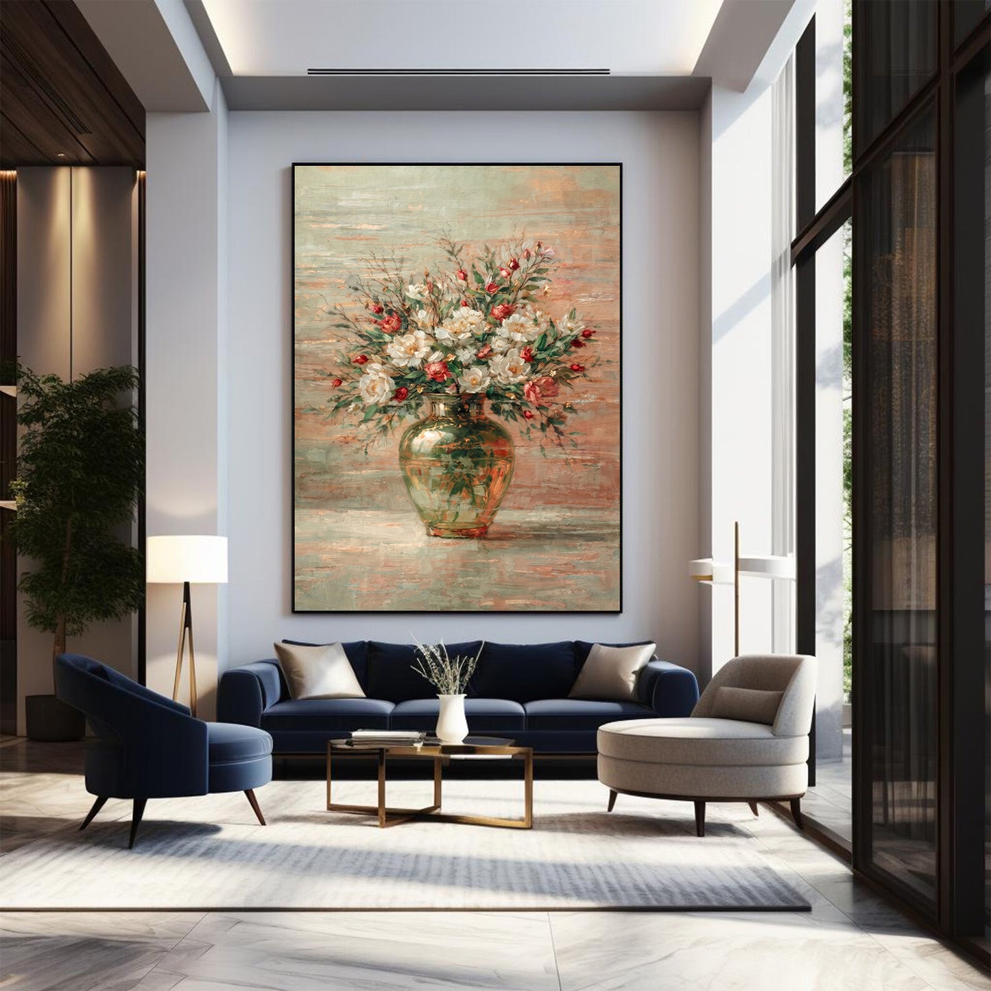 Green Glass Vase Floral Painting White & Red Luxury Wall Art