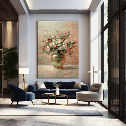 Green Glass Vase Floral Painting White & Red Luxury Wall Art