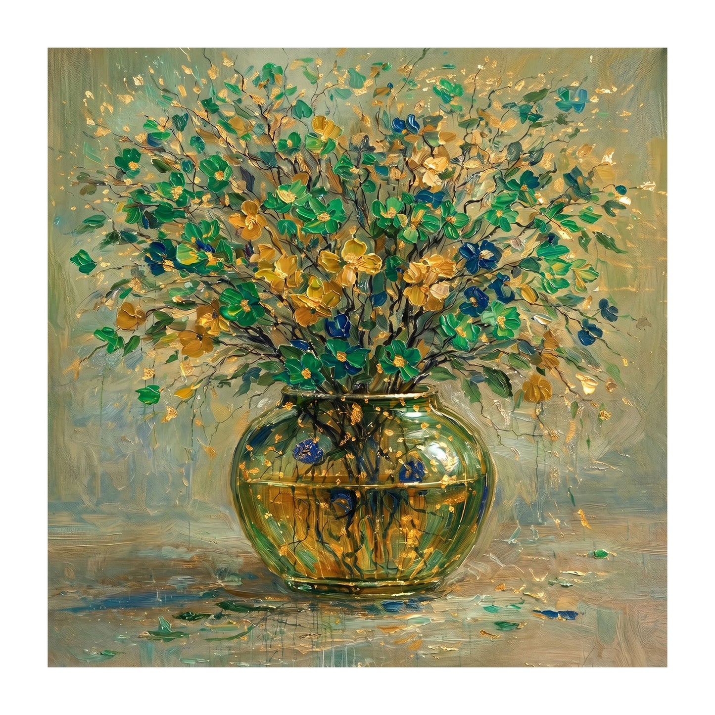 Green & Gold Floral Vase Painting Luxury Abstract Wall Art