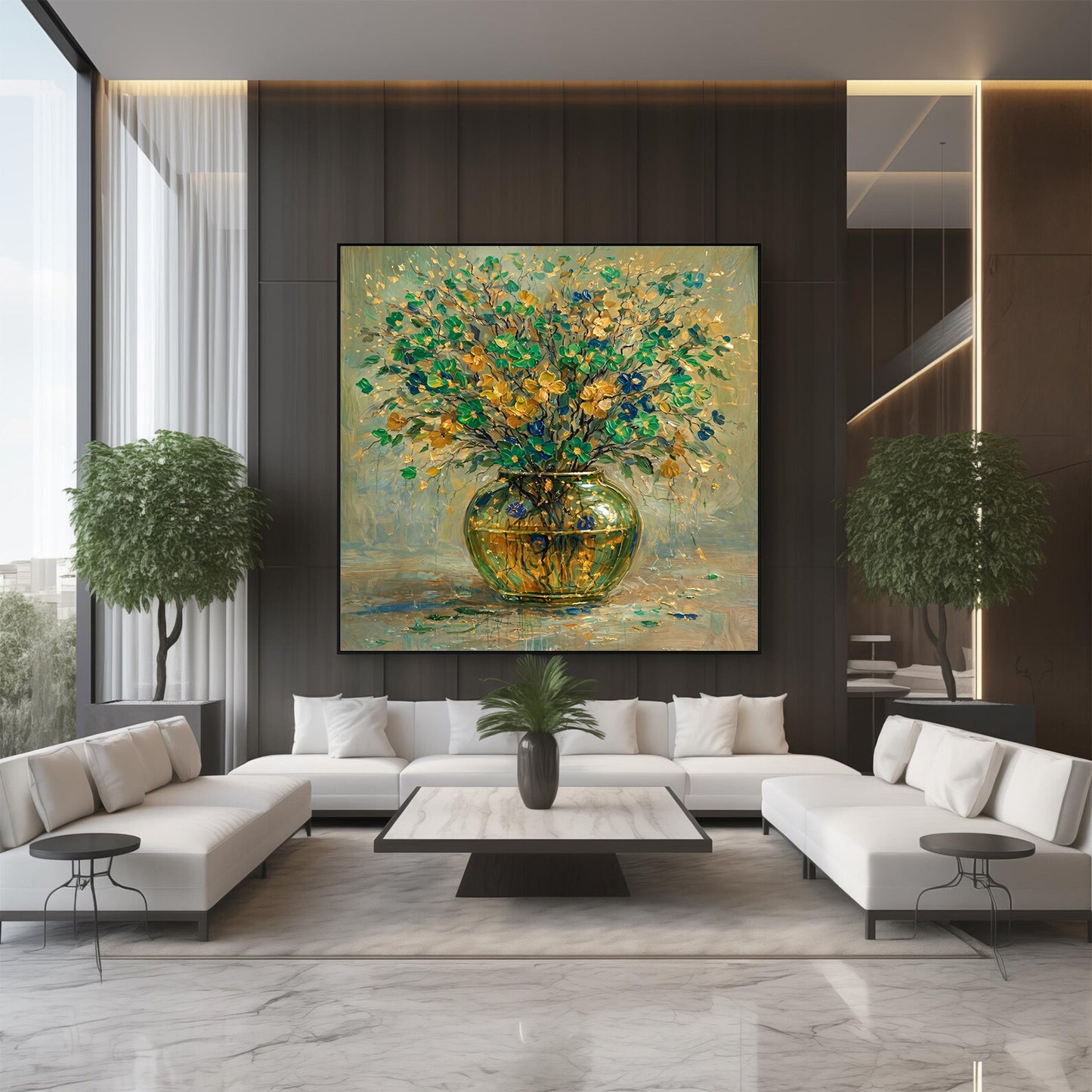 Green & Gold Floral Vase Painting Luxury Abstract Wall Art