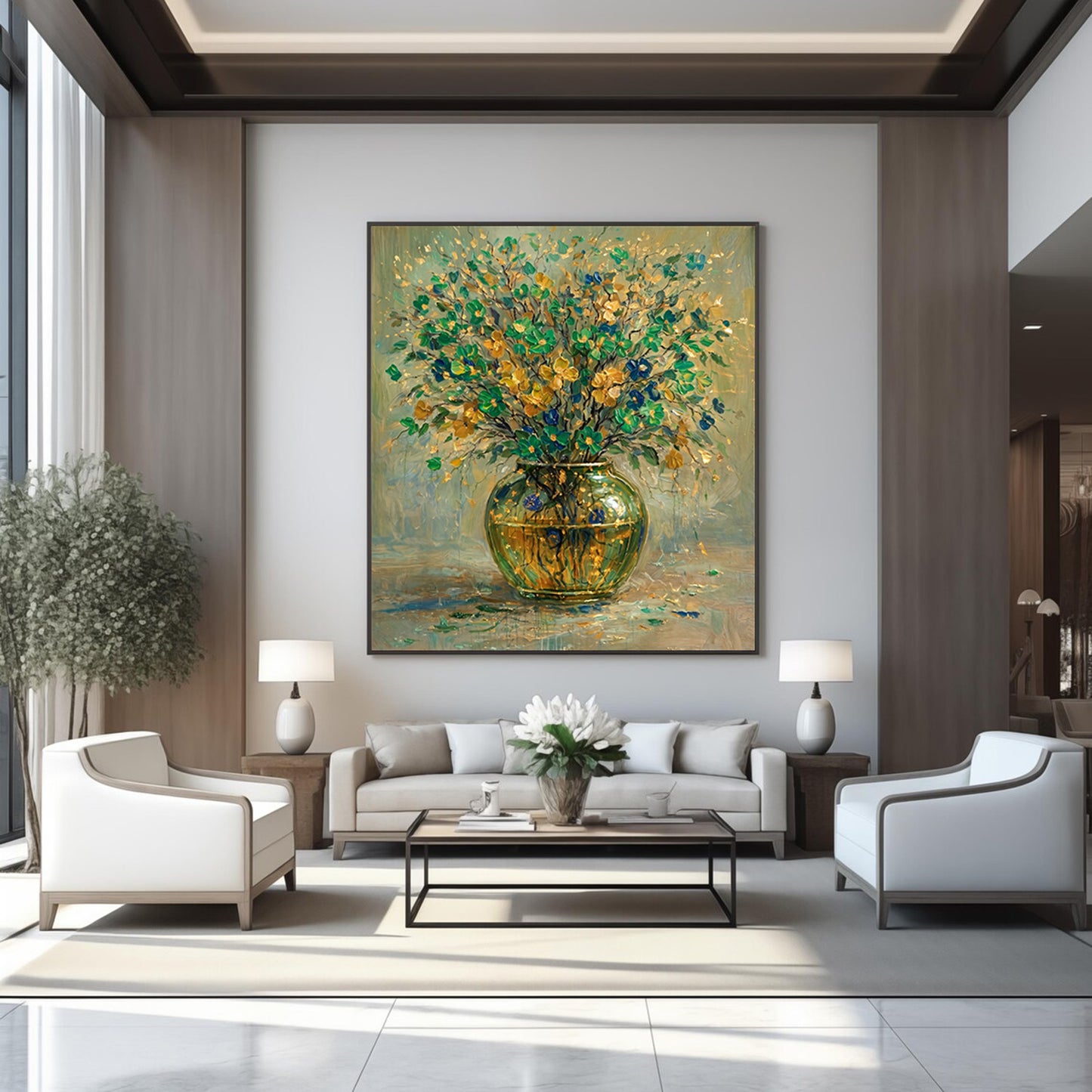 Green & Gold Floral Vase Painting Luxury Abstract Wall Art