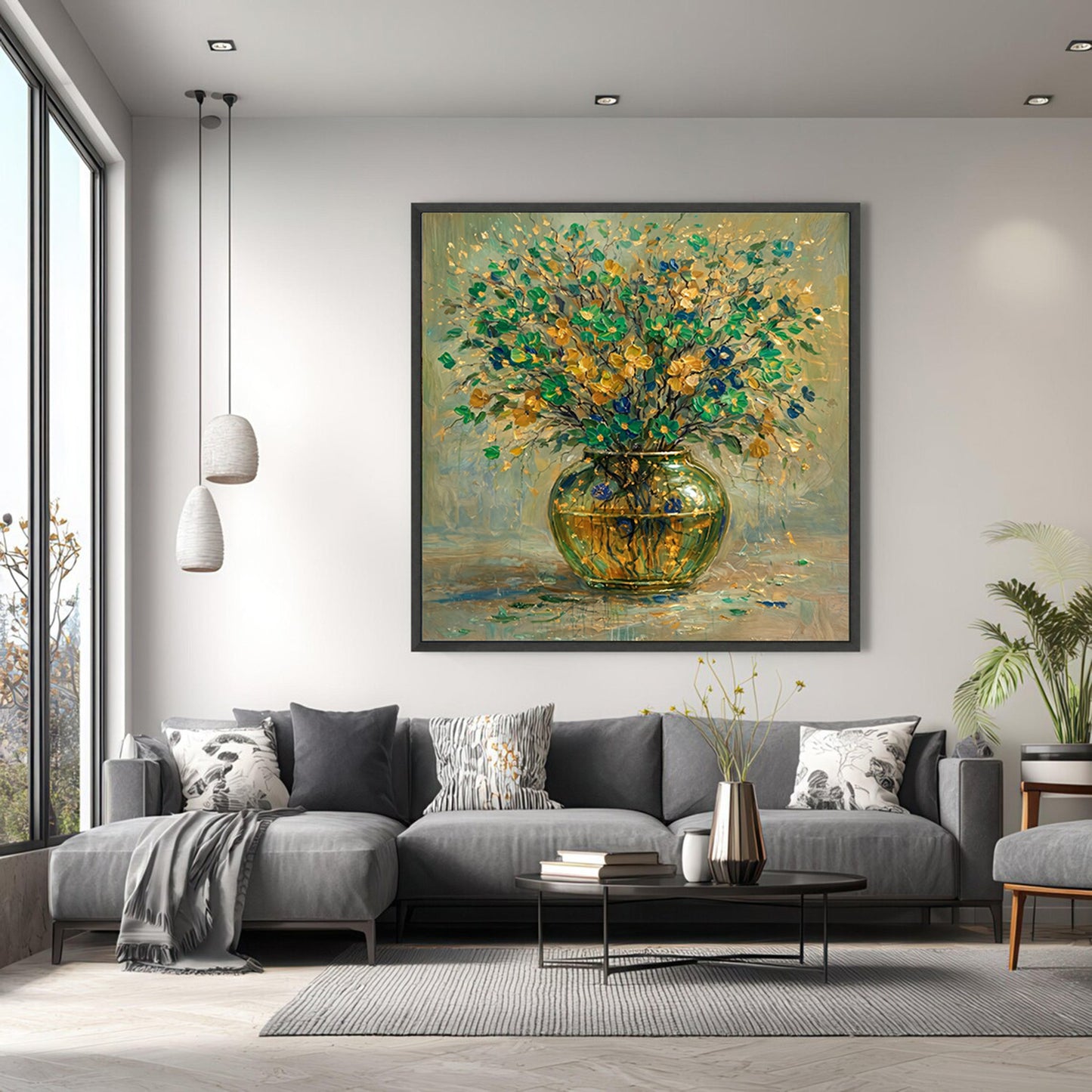 Green & Gold Floral Vase Painting Luxury Abstract Wall Art