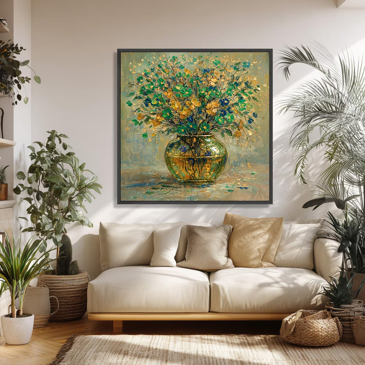 Green & Gold Floral Vase Painting Luxury Abstract Wall Art
