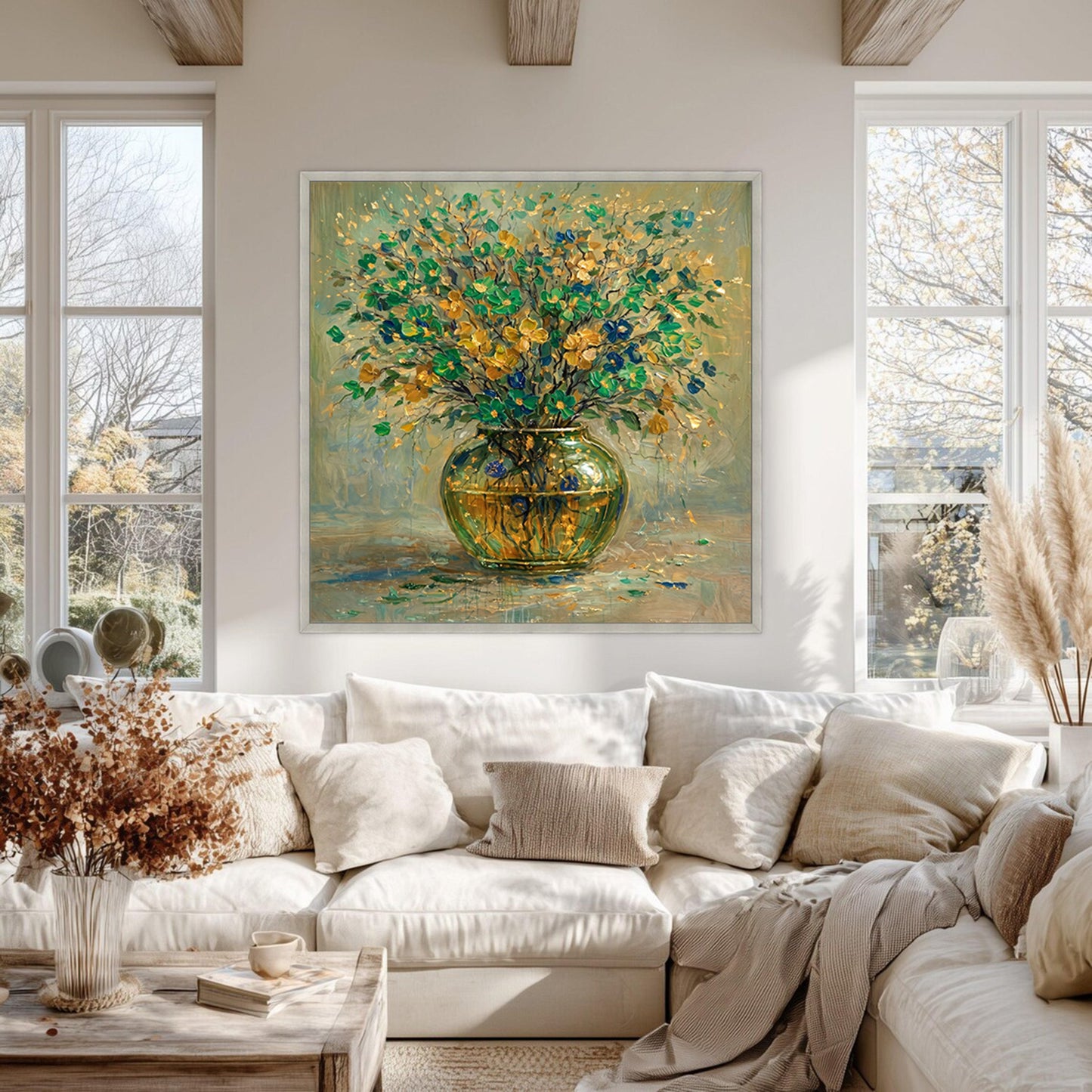 Green & Gold Floral Vase Painting Luxury Abstract Wall Art