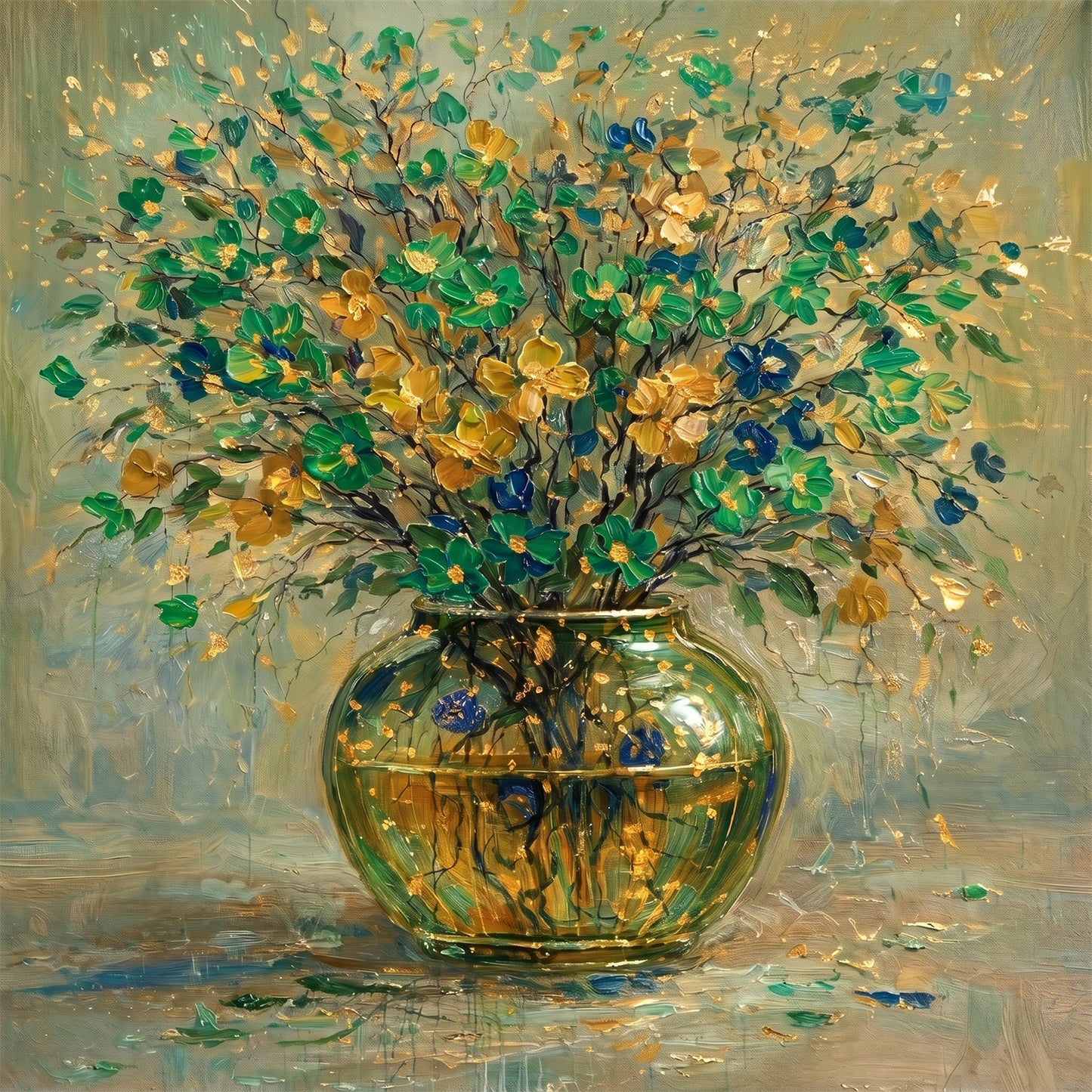 Green & Gold Floral Vase Painting Luxury Abstract Wall Art