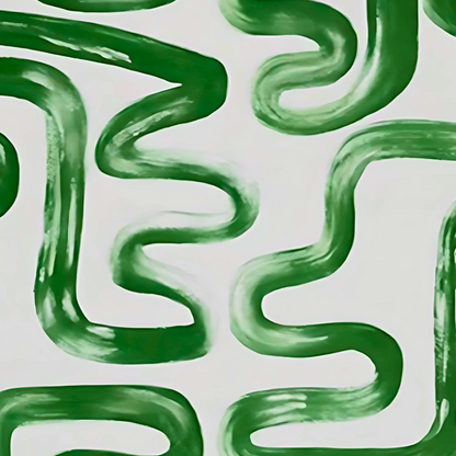 Detail of green meandering brushstrokes creating a curved pattern on white.