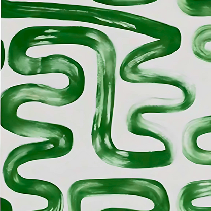Detail of green meandering brushstrokes creating a curved pattern on white.