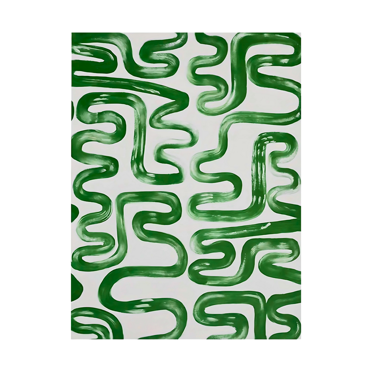Hand-painted canvas showing green meandering brushstrokes creating a curved pattern on white.