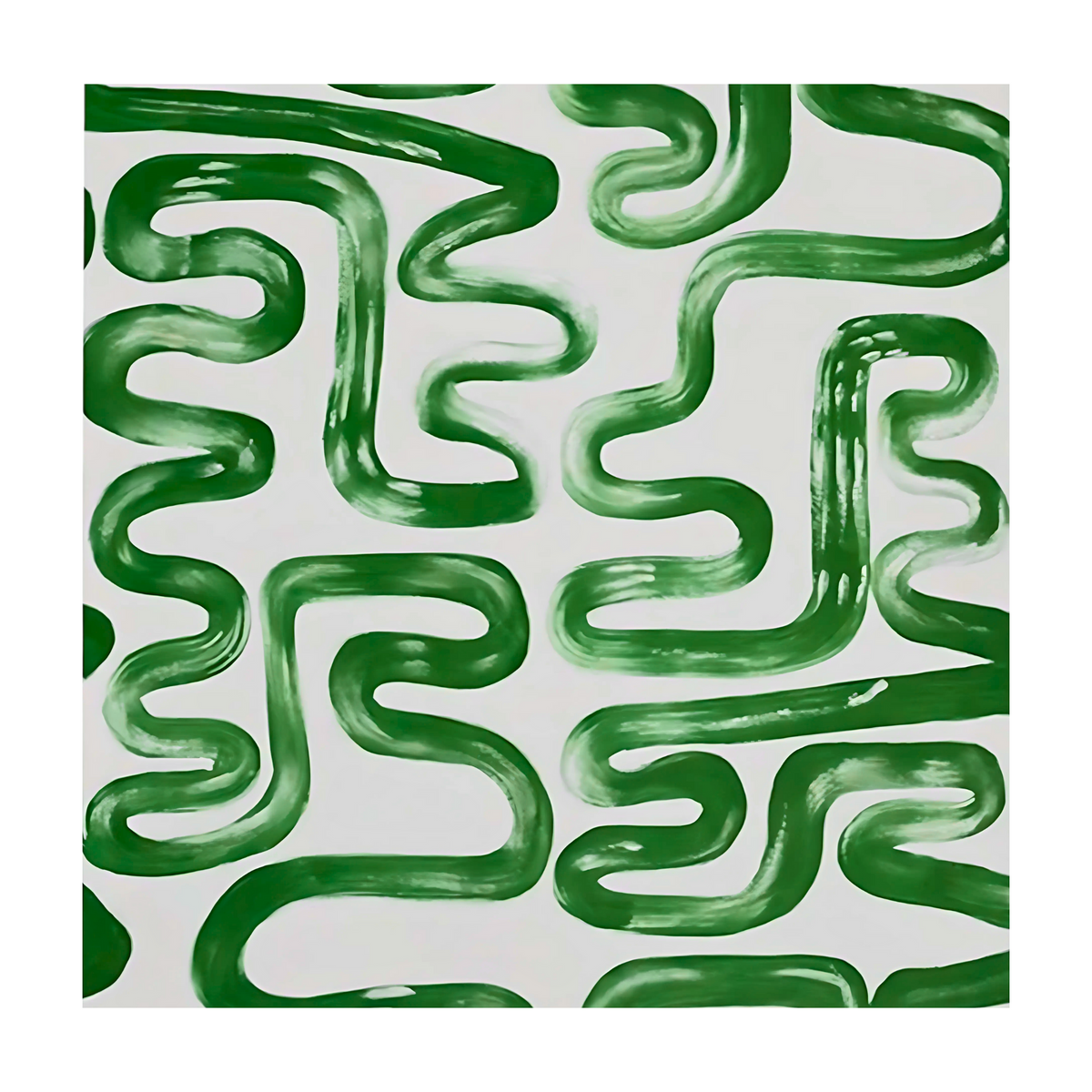 Square crop showing green meandering brushstrokes creating a curved pattern on white.