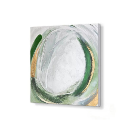 Looping green and grey oval brushstrokes with gold-coloured accents around a white textured centre.