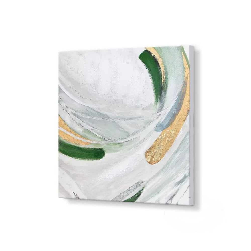 Sweeping green and grey arcs with gold-coloured accents crossing a white textured background.