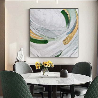 Room mockup showing sweeping green and grey arcs with gold-coloured accents crossing a white textured background.