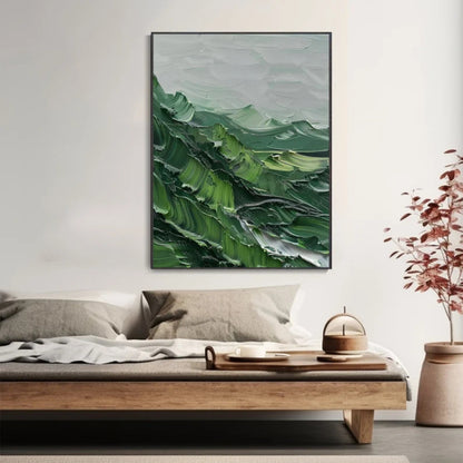 Verdant Peaks Textured Abstract Green Mountain Landscape