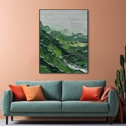 Verdant Peaks Textured Abstract Green Mountain Landscape