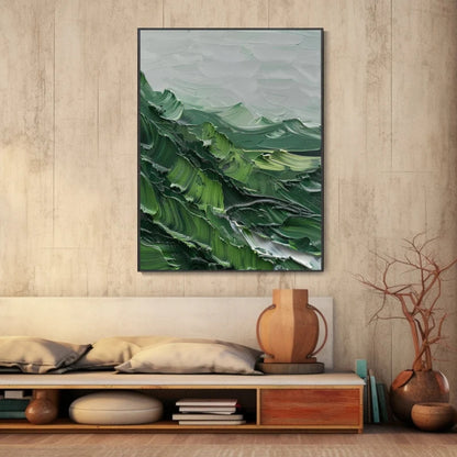 Verdant Peaks Textured Abstract Green Mountain Landscape