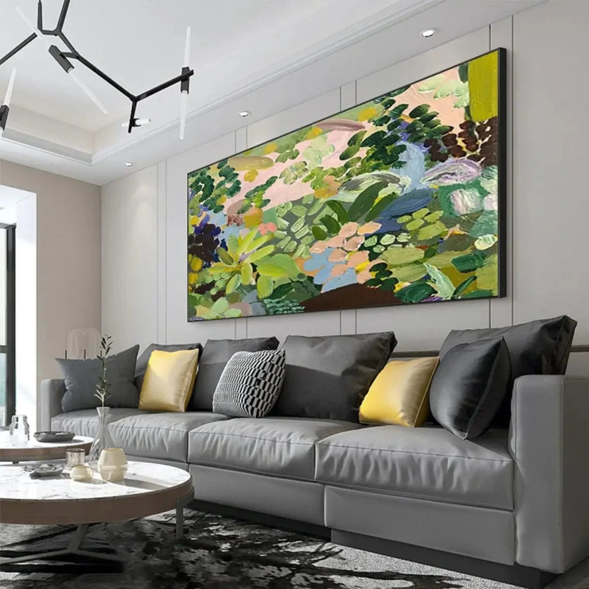 Room mockup showing overlapping green foliage-like shapes with pale pink, blue, yellow and dark purple patches in a dense garden-like composition.