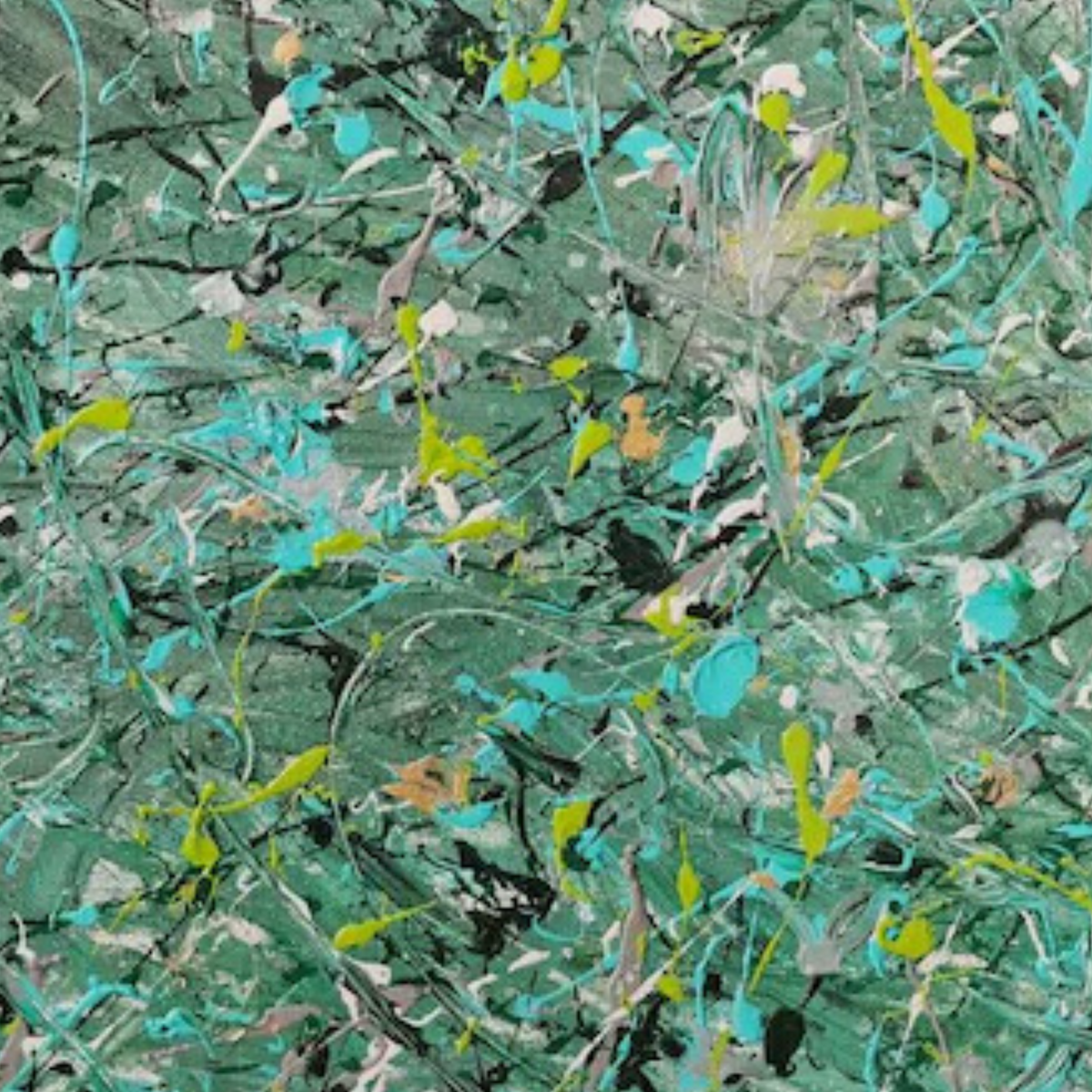 Detail of layered green and turquoise marks with yellow, black and white splashes.