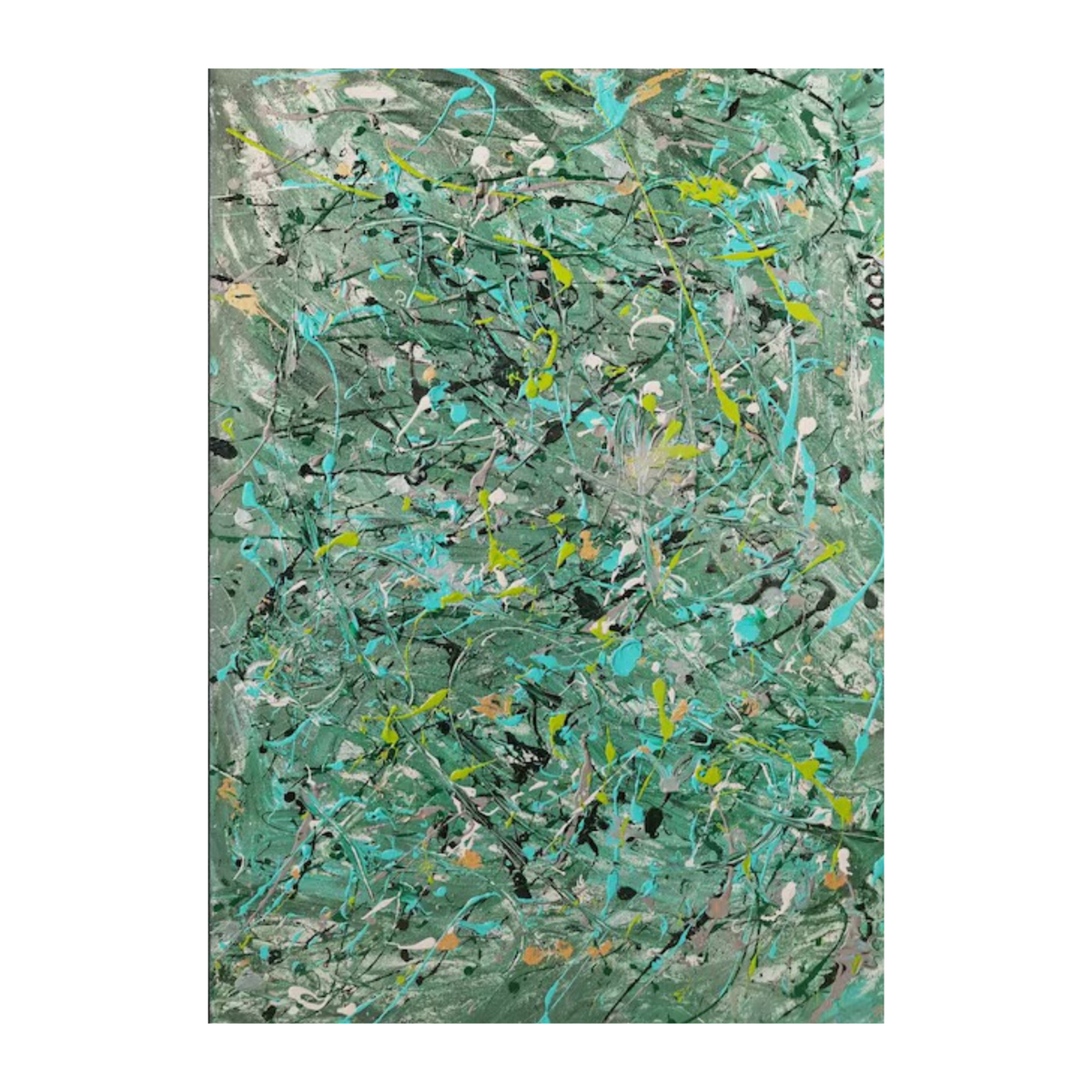 Hand-painted canvas showing layered green and turquoise marks with yellow, black and white splashes.