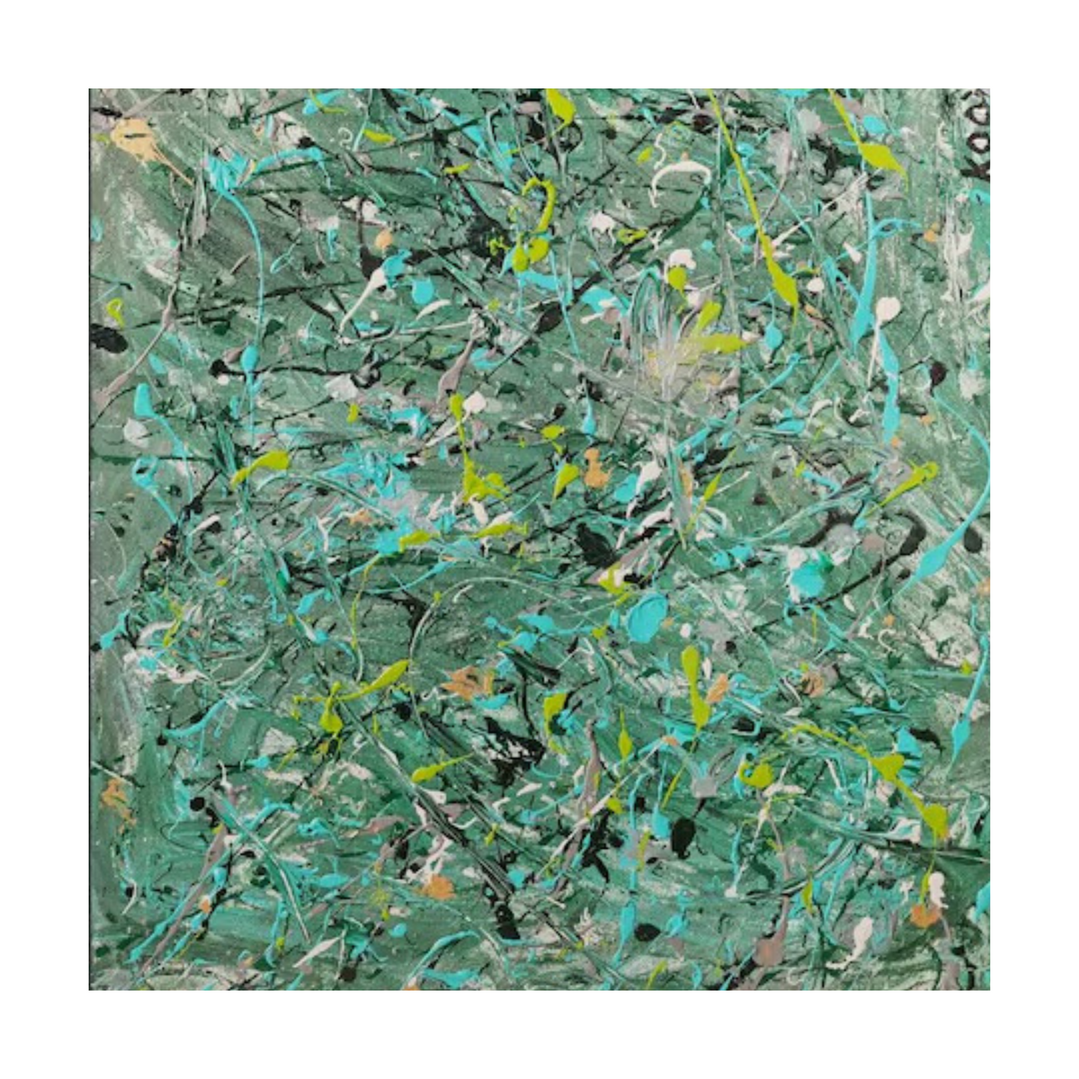 Square crop showing layered green and turquoise marks with yellow, black and white splashes.